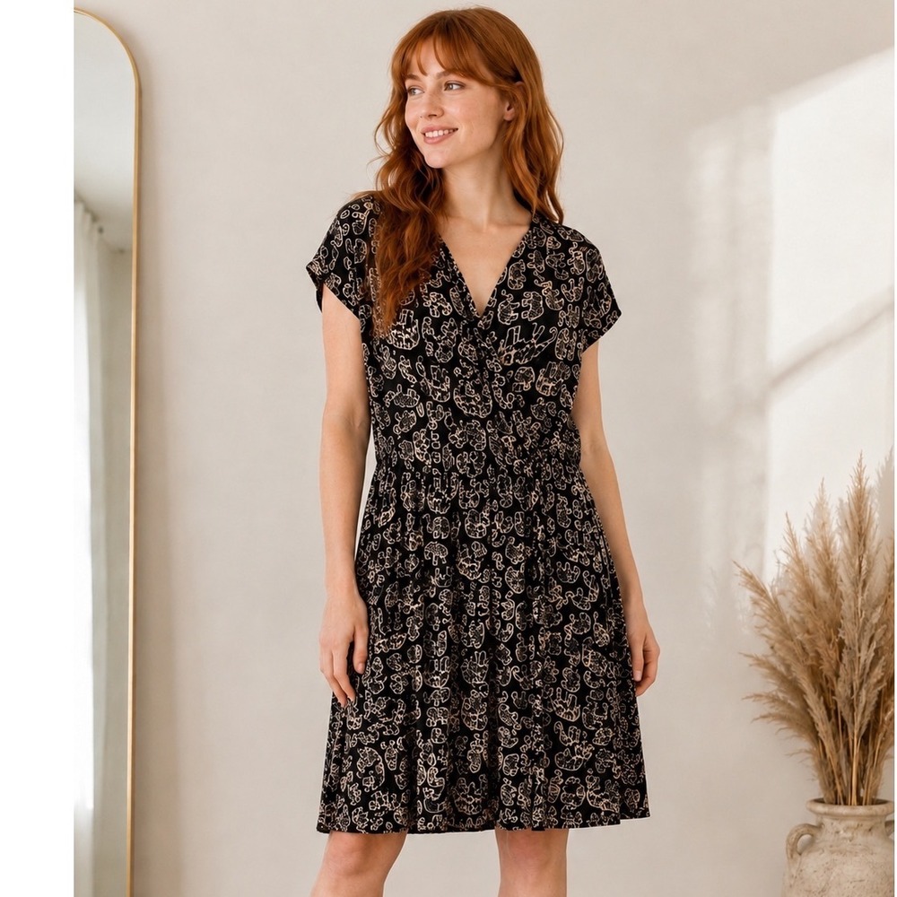 MAEVE Large Anthropologie Elephant Print Faux Wrap Dress Black Tan Novelty Boho